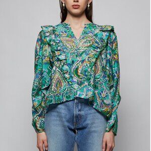 Chufy Memories of Ancient Burma Silk Cotton Zeya Puff Sleeve V-Neck Blouse sz S